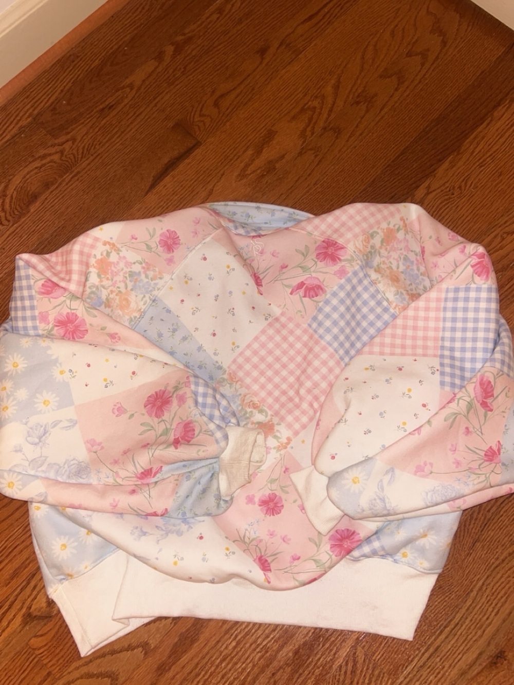 Altar'd State Pastel Patchwork Off-the-Shoulder Sweater - Pink, Blue, Cream - Picture 1 of 7